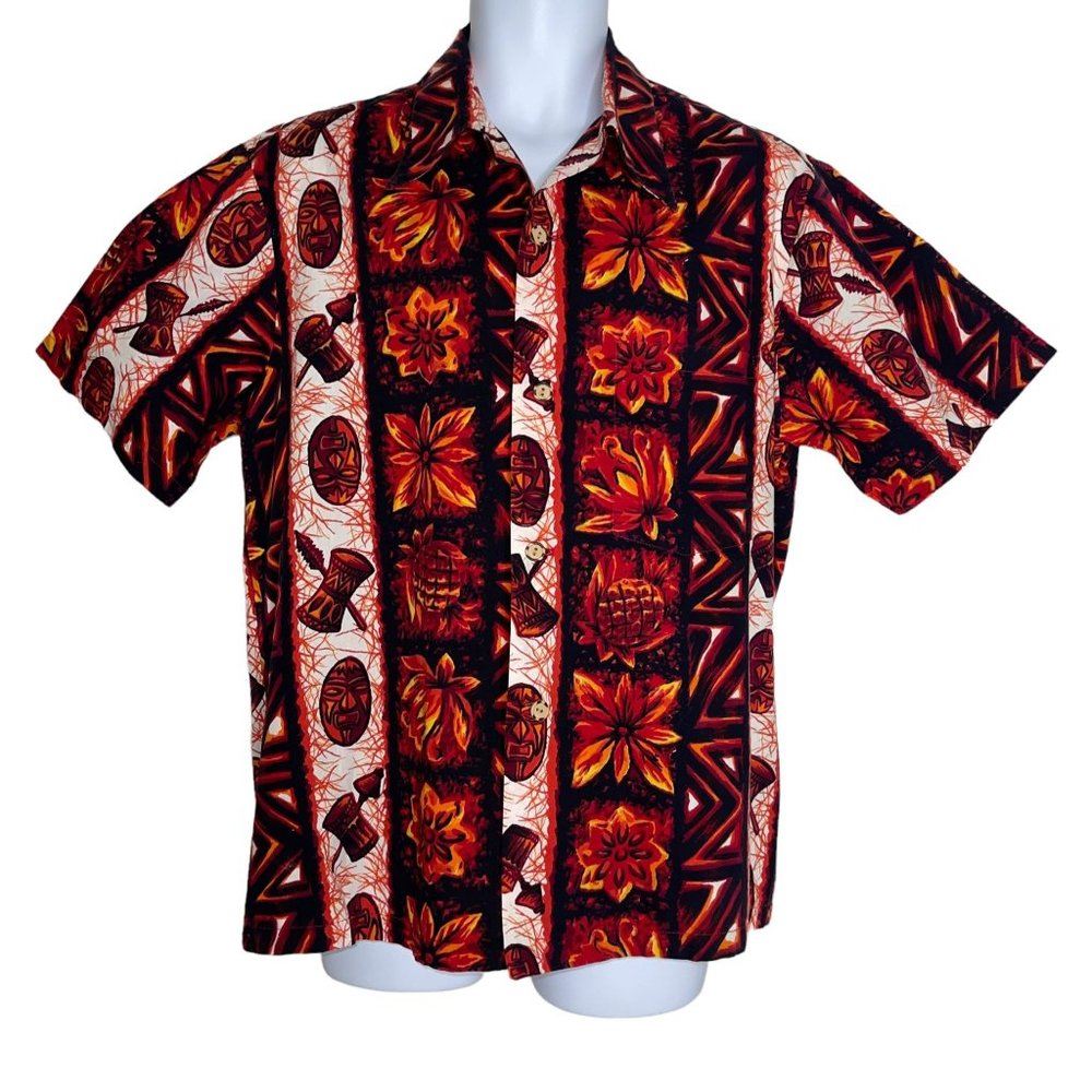 Ui-Maikai Vintage Fire Red Tiki Aloha Mask Drum Pineapple Retro Beach Shirt L